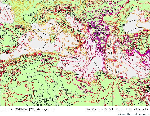 Theta-e 850hPa Arpege-eu dim 23.06.2024 15 UTC