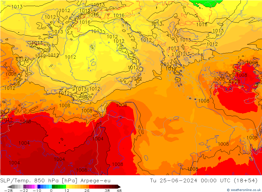 SLP/Temp. 850 гПа Arpege-eu вт 25.06.2024 00 UTC