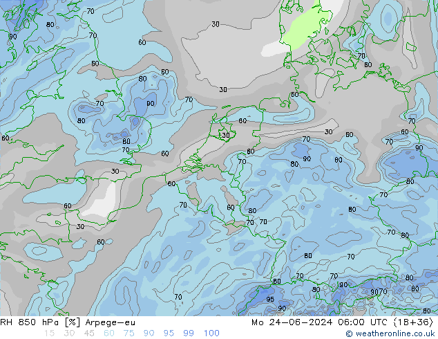 RH 850 hPa Arpege-eu lun 24.06.2024 06 UTC