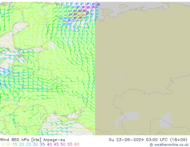 ветер 850 гПа Arpege-eu Вс 23.06.2024 03 UTC