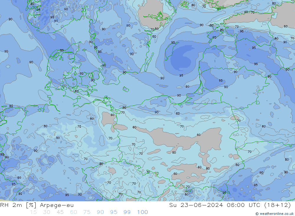 Humidité rel. 2m Arpege-eu dim 23.06.2024 06 UTC