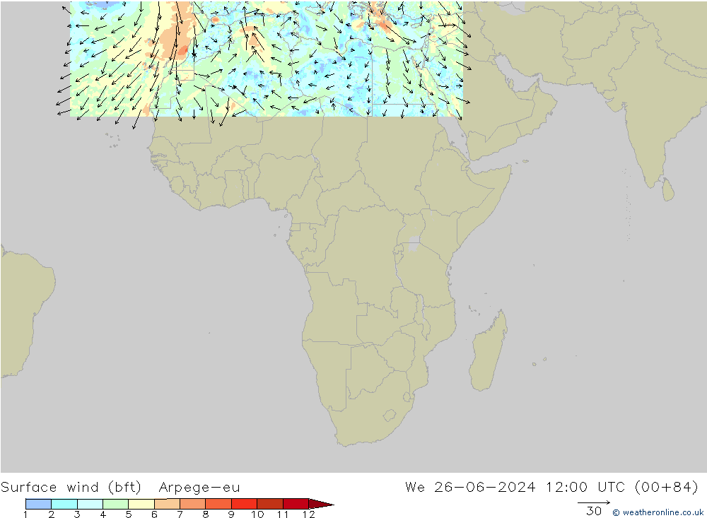 Surface wind (bft) Arpege-eu We 26.06.2024 12 UTC