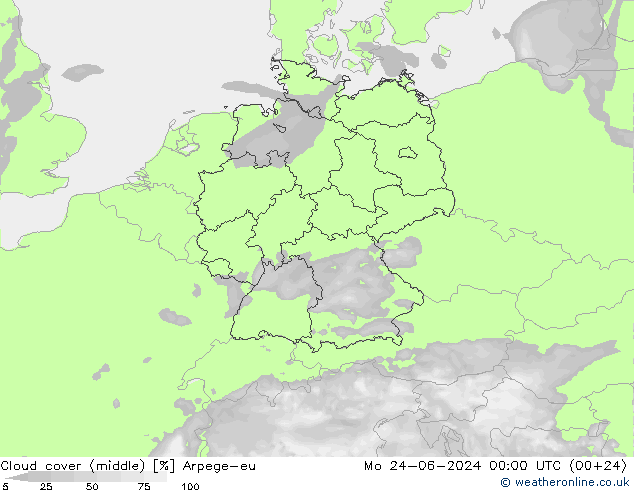 Wolken (mittel) Arpege-eu Mo 24.06.2024 00 UTC