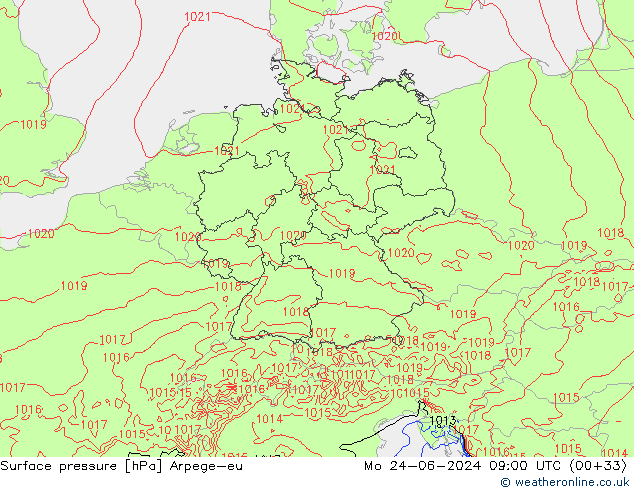 Surface pressure Arpege-eu Mo 24.06.2024 09 UTC