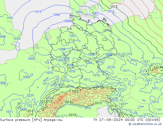 Surface pressure Arpege-eu Th 27.06.2024 00 UTC