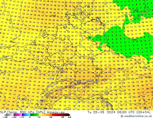 SLP/Temp. 850 hPa Arpege-eu Tu 25.06.2024 06 UTC