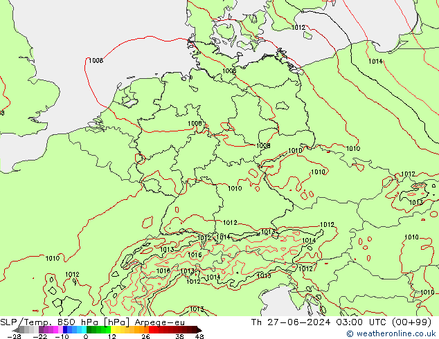 SLP/Temp. 850 hPa Arpege-eu jue 27.06.2024 03 UTC