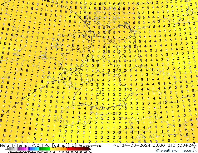 Géop./Temp. 700 hPa Arpege-eu lun 24.06.2024 00 UTC