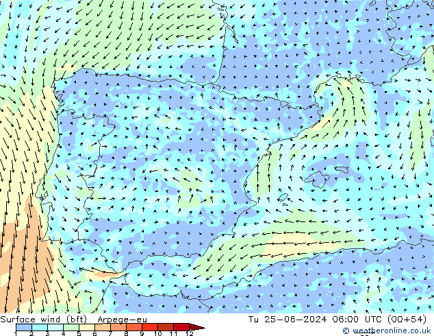 Surface wind (bft) Arpege-eu Tu 25.06.2024 06 UTC