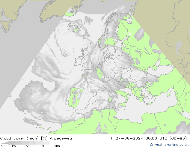 Cloud cover (high) Arpege-eu Th 27.06.2024 00 UTC