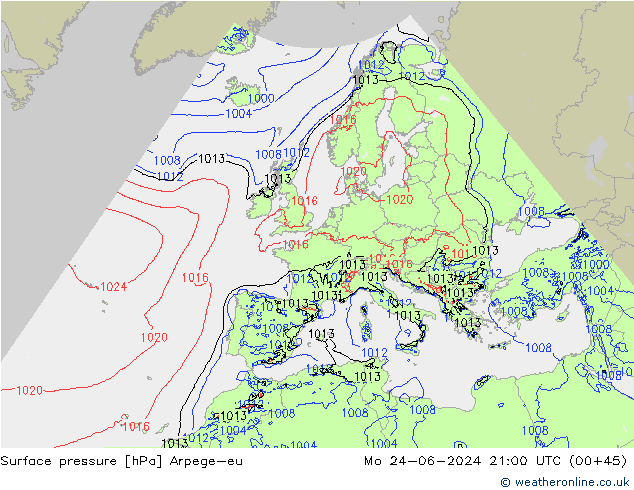 Surface pressure Arpege-eu Mo 24.06.2024 21 UTC