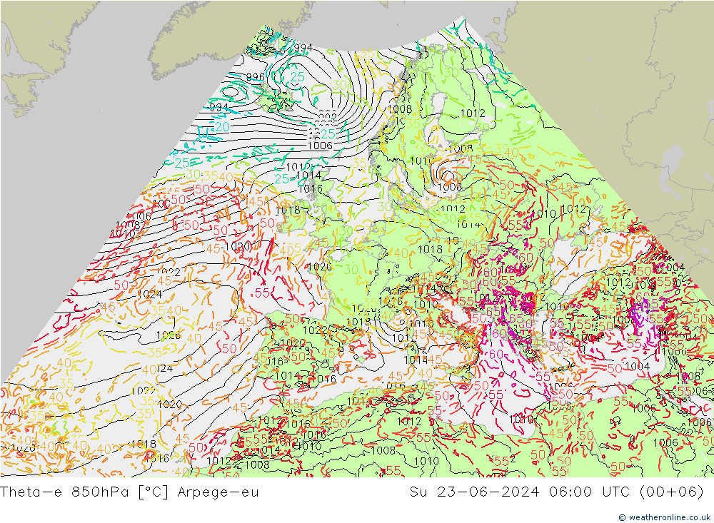 Theta-e 850hPa Arpege-eu dom 23.06.2024 06 UTC