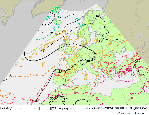 Height/Temp. 850 hPa Arpege-eu Mo 24.06.2024 00 UTC