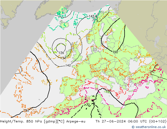 Height/Temp. 850 hPa Arpege-eu 星期四 27.06.2024 06 UTC