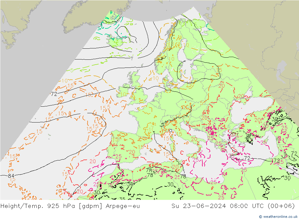 Height/Temp. 925 hPa Arpege-eu So 23.06.2024 06 UTC