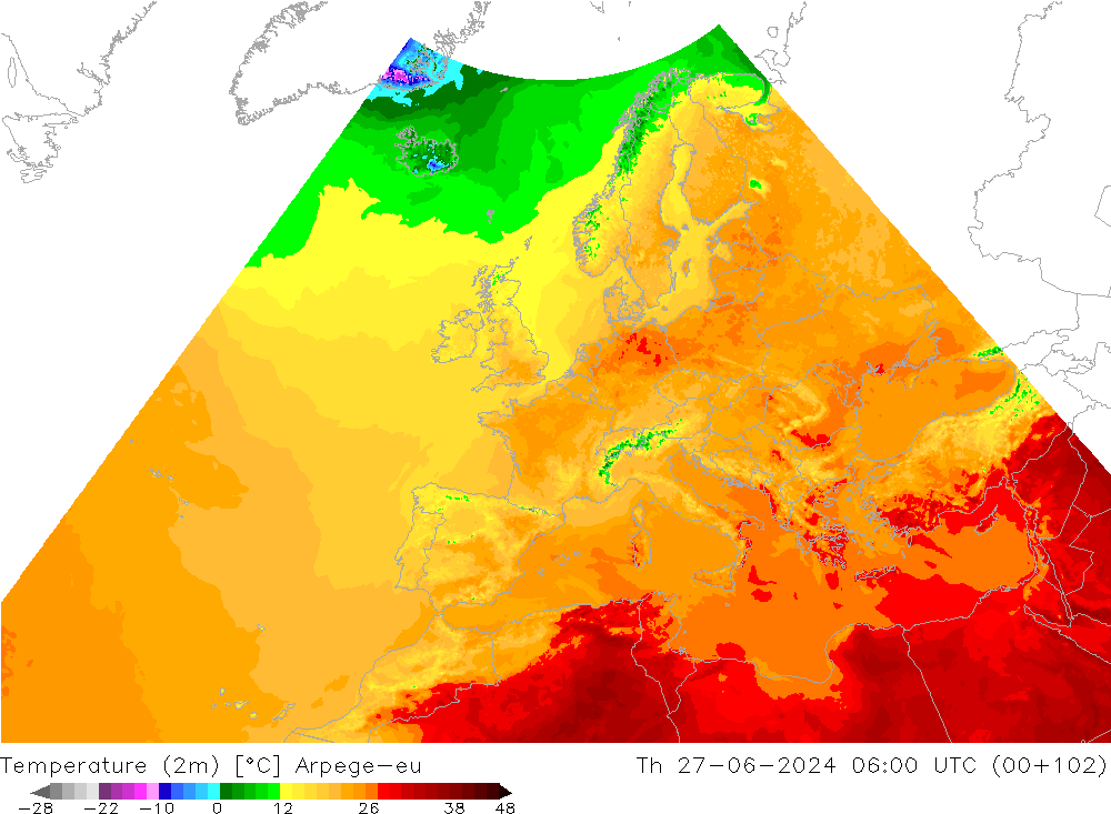 Temperaturkarte (2m) Arpege-eu Do 27.06.2024 06 UTC