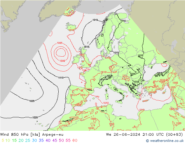 Vent 850 hPa Arpege-eu mer 26.06.2024 21 UTC