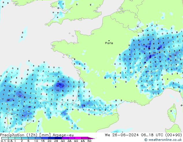 осадки (12h) Arpege-eu ср 26.06.2024 18 UTC