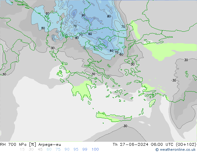 Humidité rel. 700 hPa Arpege-eu jeu 27.06.2024 06 UTC