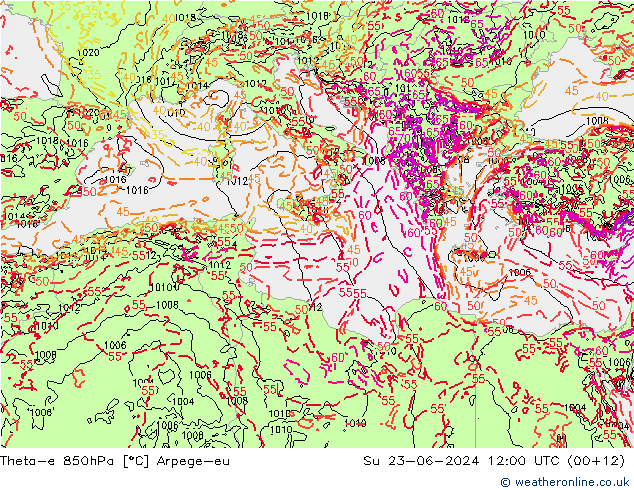 Theta-e 850hPa Arpege-eu Su 23.06.2024 12 UTC