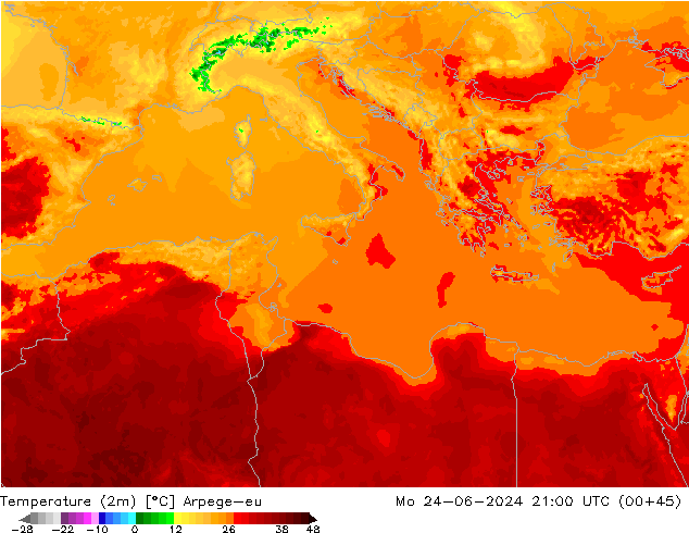 Temperatura (2m) Arpege-eu lun 24.06.2024 21 UTC