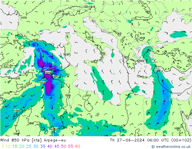 Vento 850 hPa Arpege-eu gio 27.06.2024 06 UTC