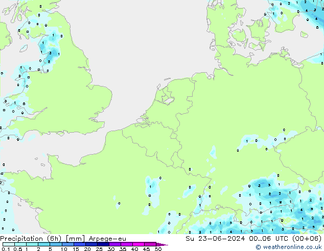 Precipitation (6h) Arpege-eu Su 23.06.2024 06 UTC