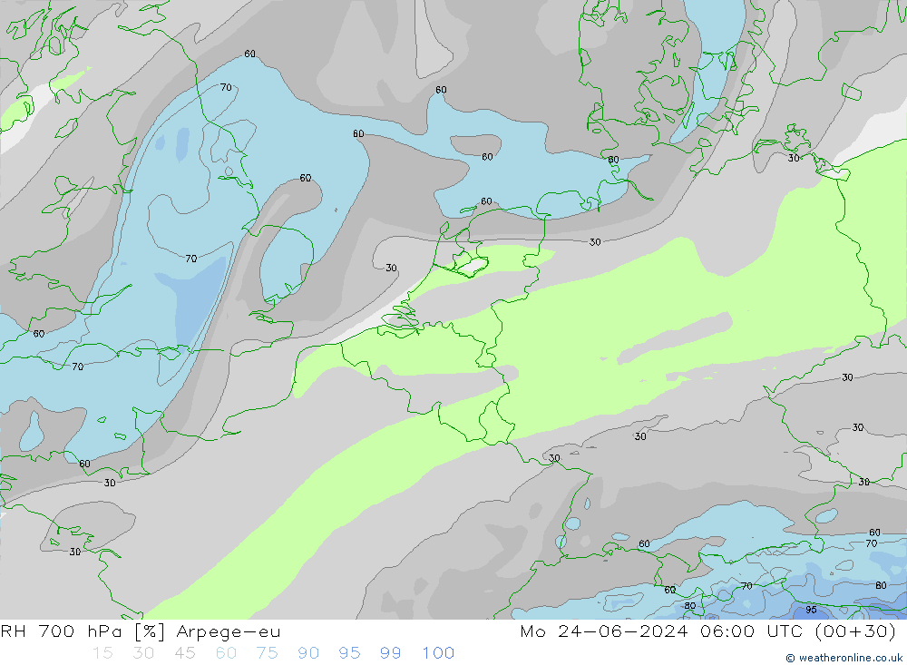 RH 700 hPa Arpege-eu Mo 24.06.2024 06 UTC