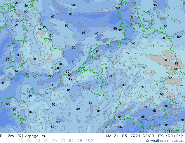 RH 2m Arpege-eu Mo 24.06.2024 00 UTC