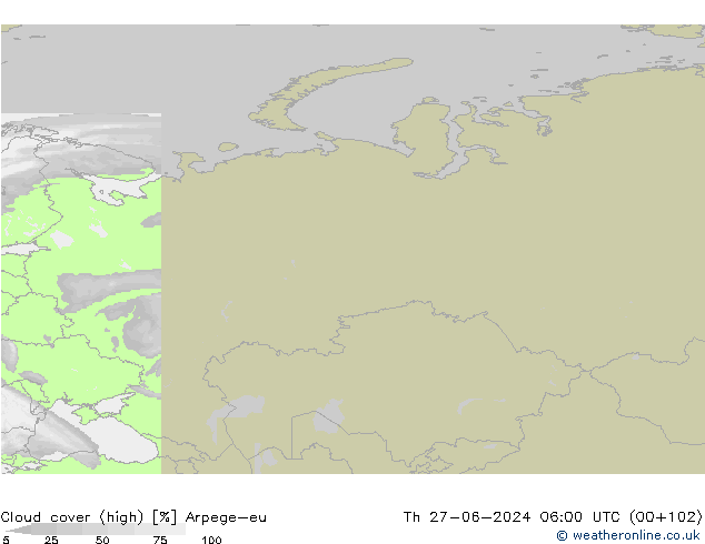 Cloud cover (high) Arpege-eu Th 27.06.2024 06 UTC