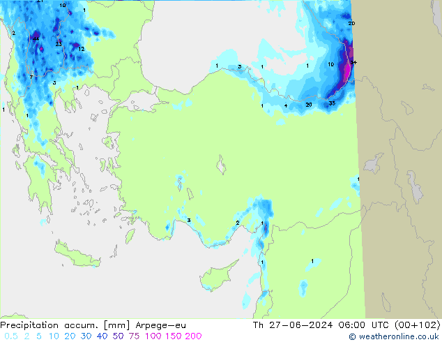 Totale neerslag Arpege-eu do 27.06.2024 06 UTC