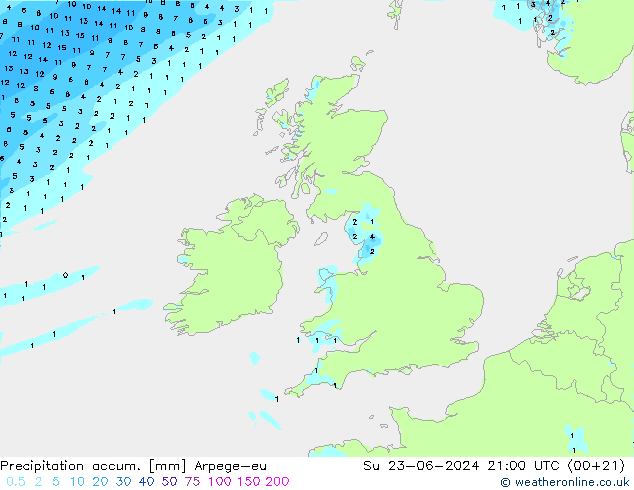 Precipitation accum. Arpege-eu Su 23.06.2024 21 UTC