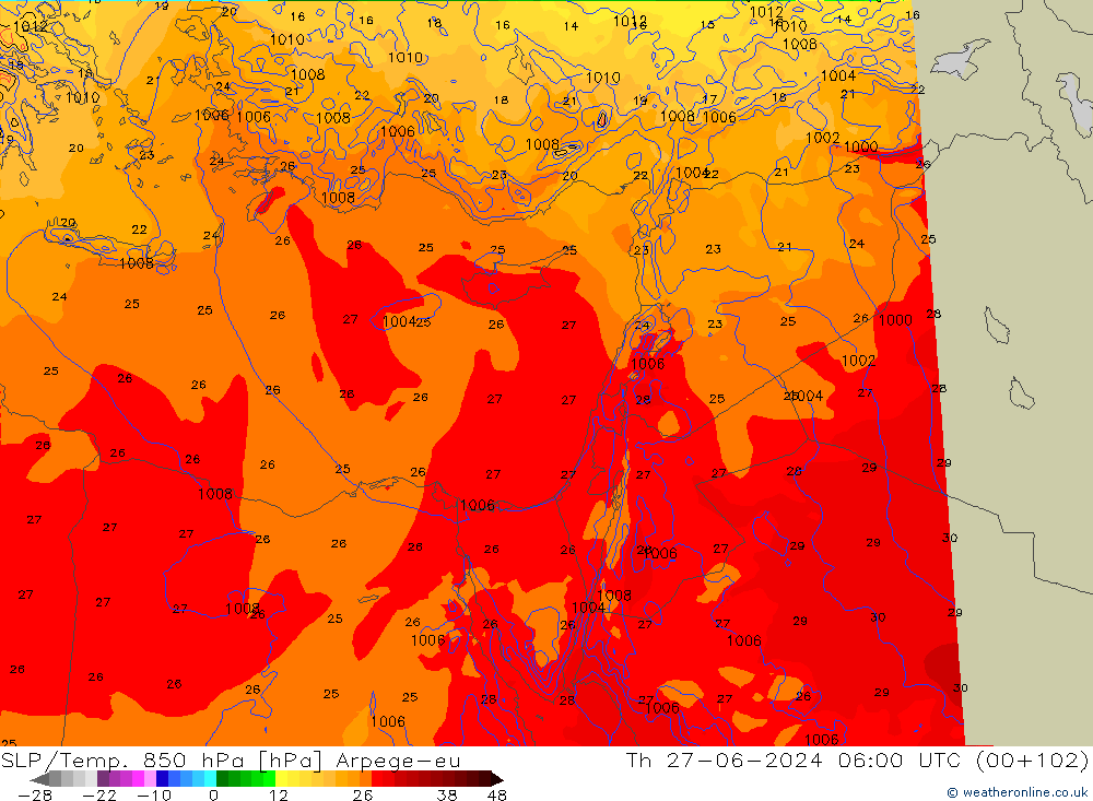 SLP/Temp. 850 hPa Arpege-eu jue 27.06.2024 06 UTC