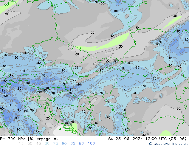 RH 700 hPa Arpege-eu Su 23.06.2024 12 UTC