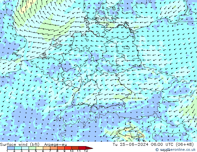 wiatr 10 m (bft) Arpege-eu wto. 25.06.2024 06 UTC