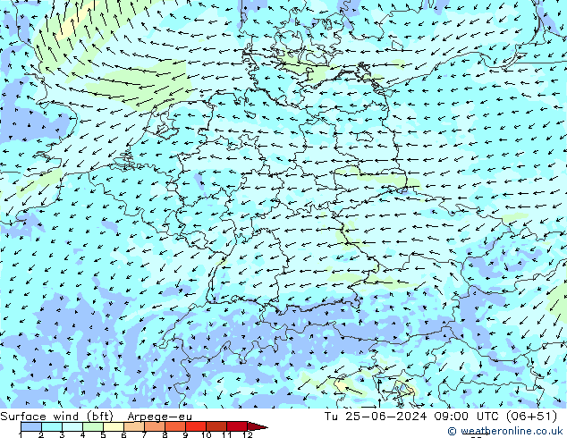 Viento 10 m (bft) Arpege-eu mar 25.06.2024 09 UTC