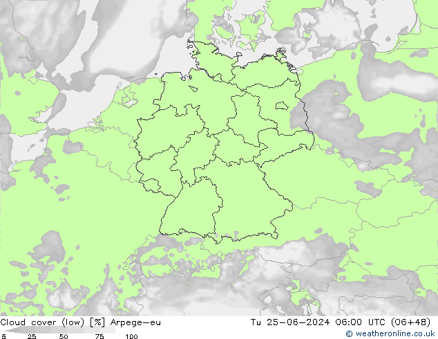 Cloud cover (low) Arpege-eu Tu 25.06.2024 06 UTC