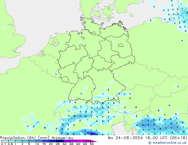 Précipitation (6h) Arpege-eu lun 24.06.2024 00 UTC