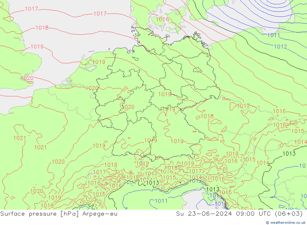 地面气压 Arpege-eu 星期日 23.06.2024 09 UTC