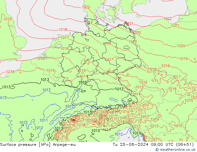 Atmosférický tlak Arpege-eu Út 25.06.2024 09 UTC