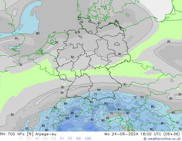 RH 700 hPa Arpege-eu lun 24.06.2024 18 UTC