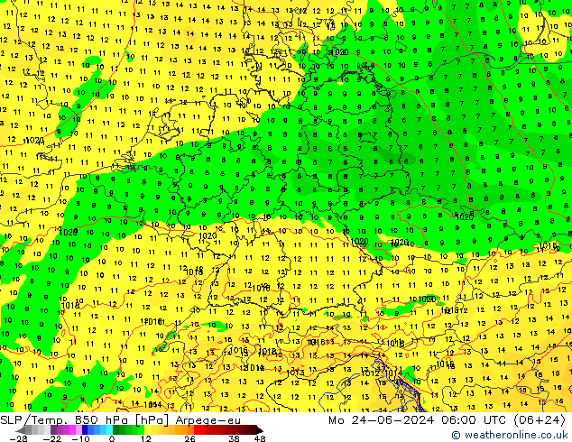 SLP/Temp. 850 hPa Arpege-eu Mo 24.06.2024 06 UTC