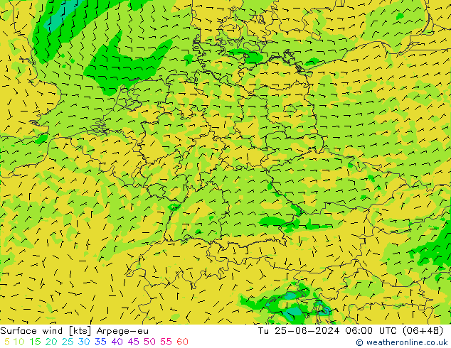 Vento 10 m Arpege-eu mar 25.06.2024 06 UTC