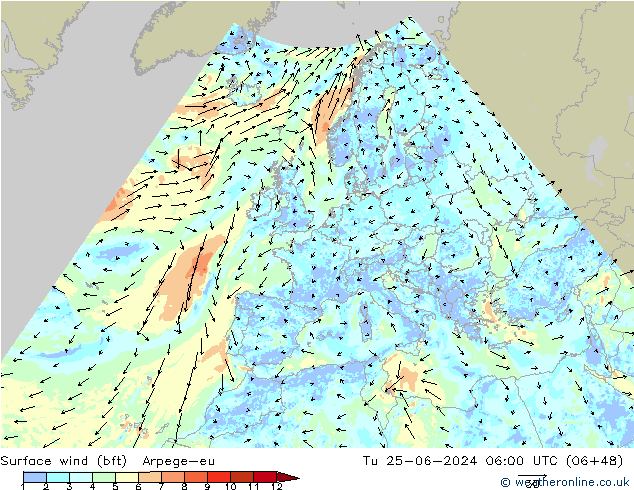 ве�Bе�@ 10 m (bft) Arpege-eu вт 25.06.2024 06 UTC