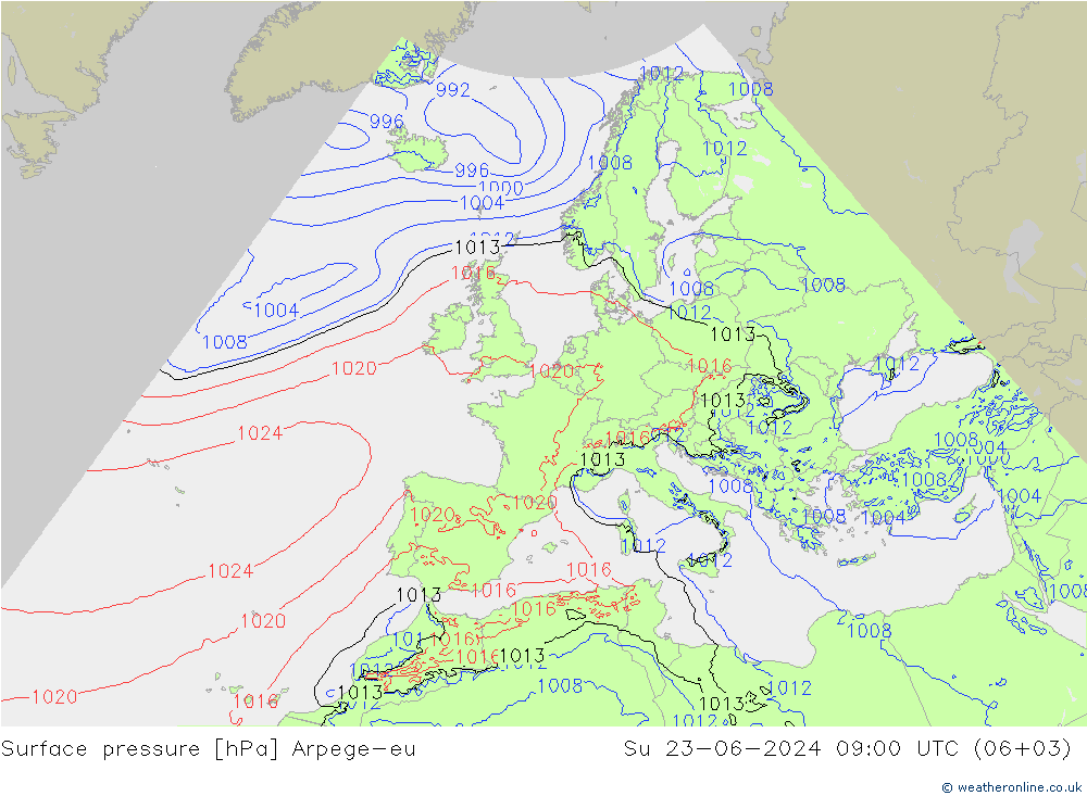 地面气压 Arpege-eu 星期日 23.06.2024 09 UTC