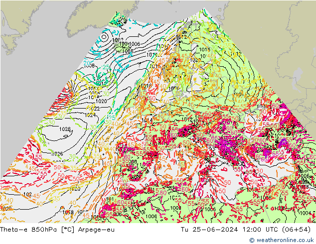 Theta-e 850hPa Arpege-eu wto. 25.06.2024 12 UTC