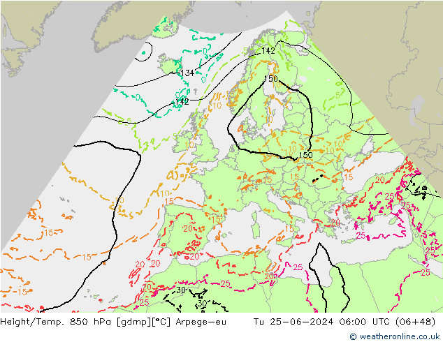 Hoogte/Temp. 850 hPa Arpege-eu di 25.06.2024 06 UTC