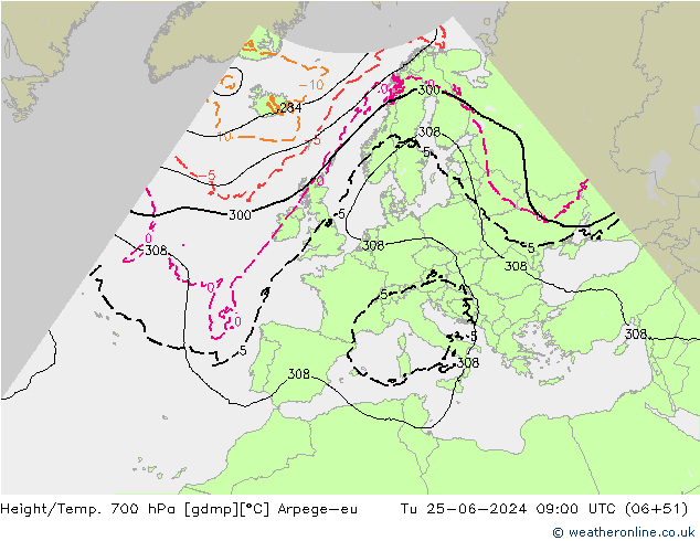 Yükseklik/Sıc. 700 hPa Arpege-eu Sa 25.06.2024 09 UTC