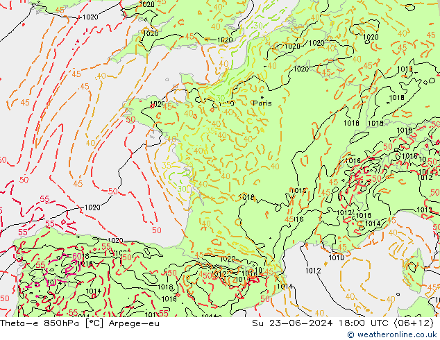 Theta-e 850hPa Arpege-eu dim 23.06.2024 18 UTC