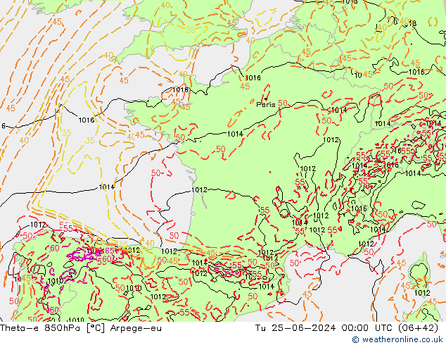 Theta-e 850hPa Arpege-eu Tu 25.06.2024 00 UTC